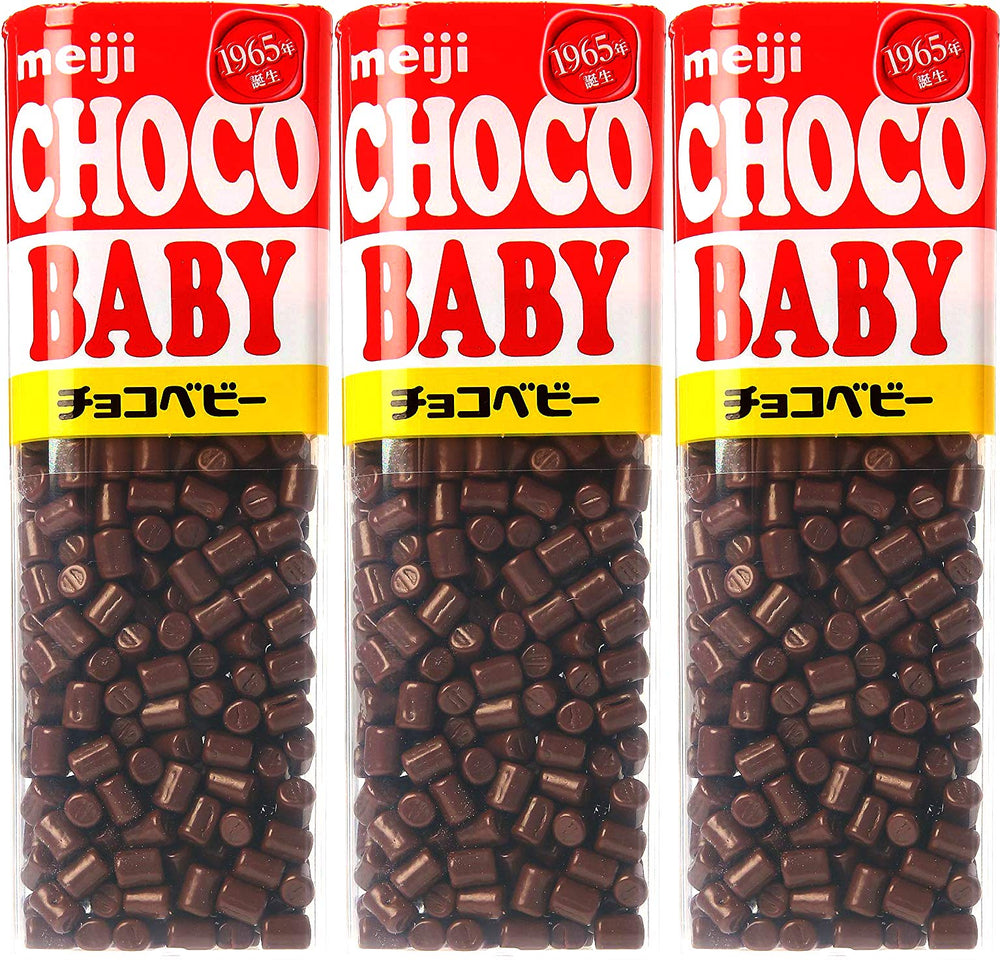 Meiji Choco Baby tubes in a box, snackable chocolate for kids on the go.