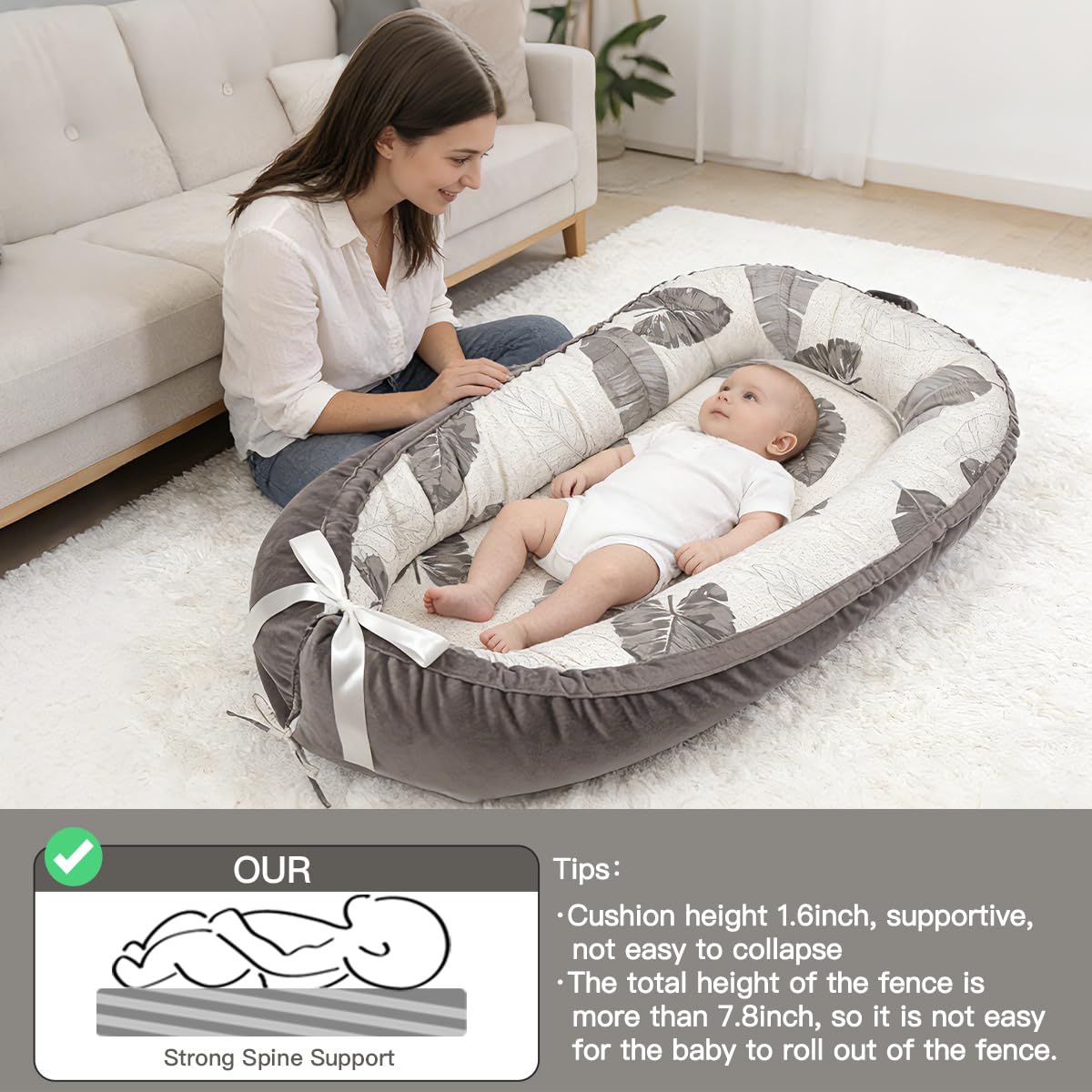 Breathable cover on the Meindoovm lounger keeps baby comfortable.