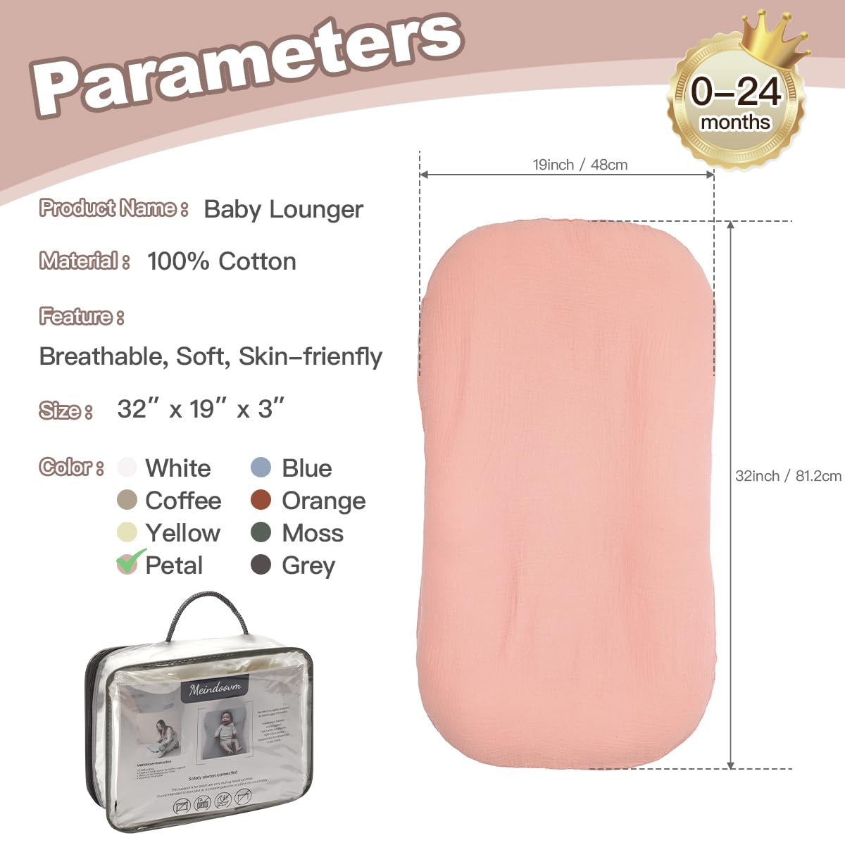 Meindoovm Baby Lounger size 29x17x4.5 inches for play space.