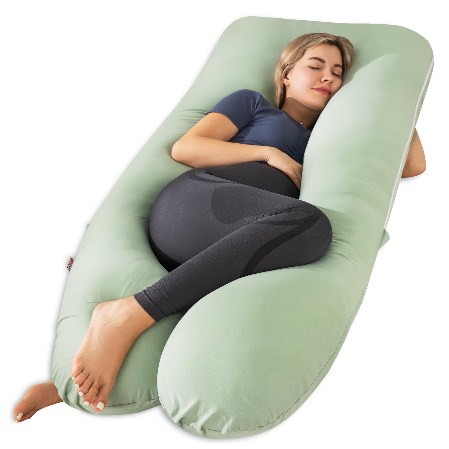 Meiz pregnancy pillow in U-shape on bed showing full-body support.