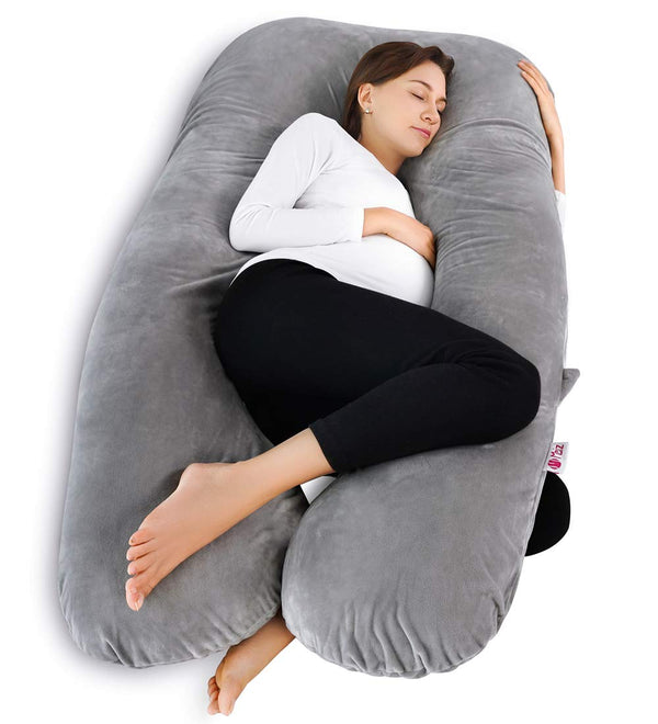 Meiz U-shaped gray velvet pregnancy pillow provides complete body support for restful sleep