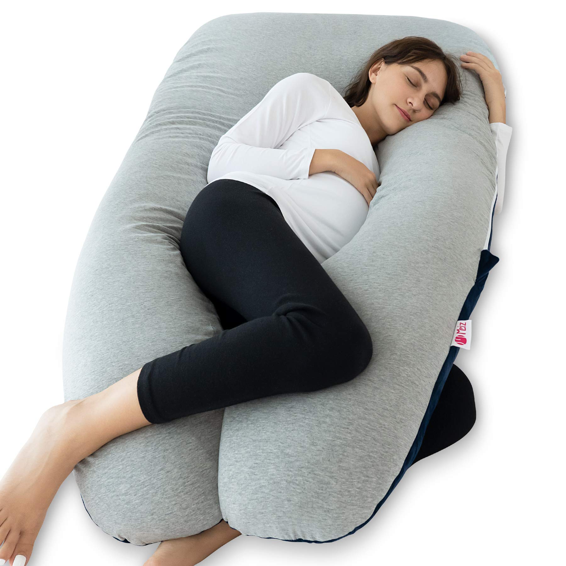 Meiz pregnancy pillow U-shape provides ergonomic support for side sleeping.