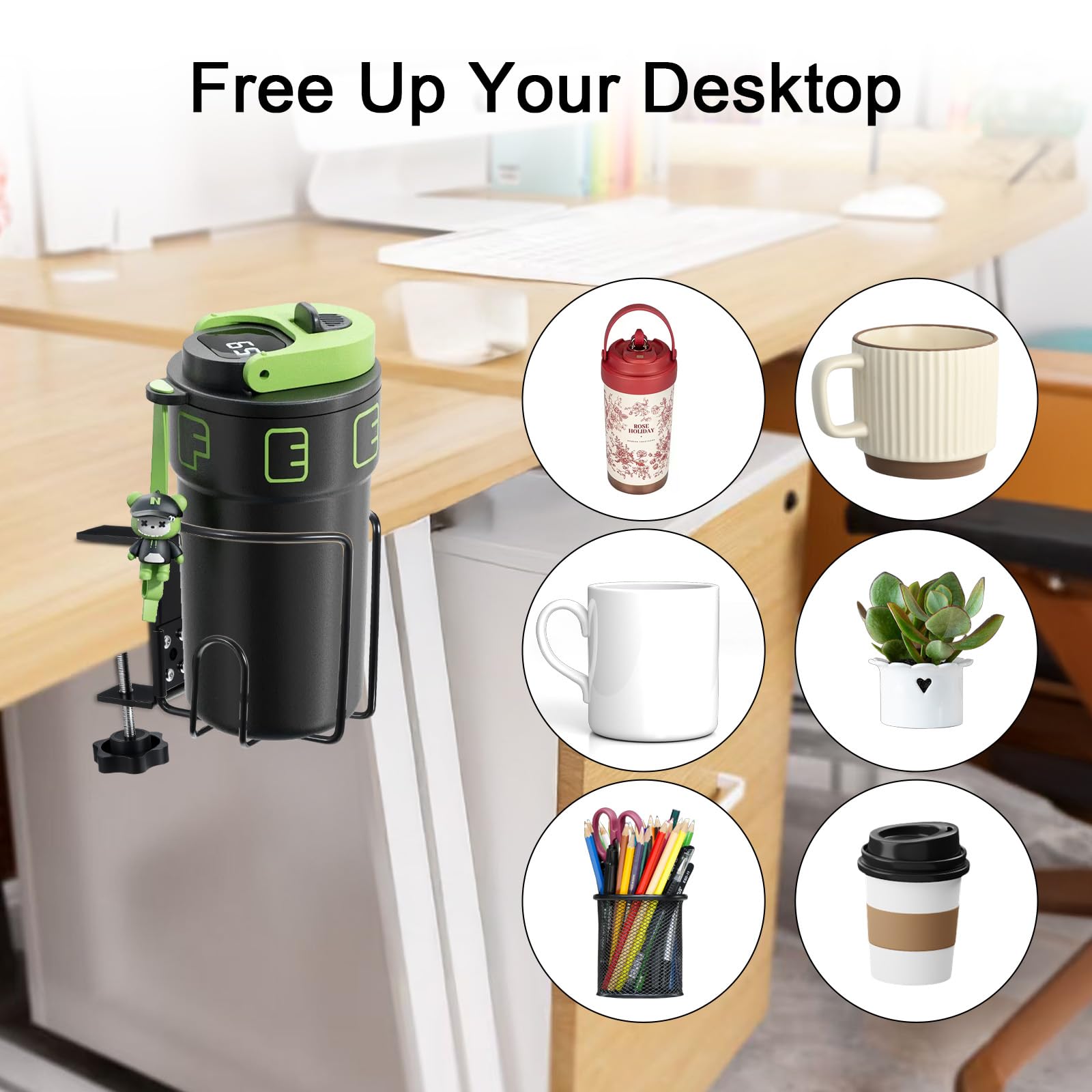mekueeex black cup holder clamps firmly without scratching the desk surface