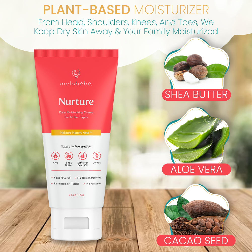 Close-up of Melabebe Nurture ingredients with aloe vera and shea
