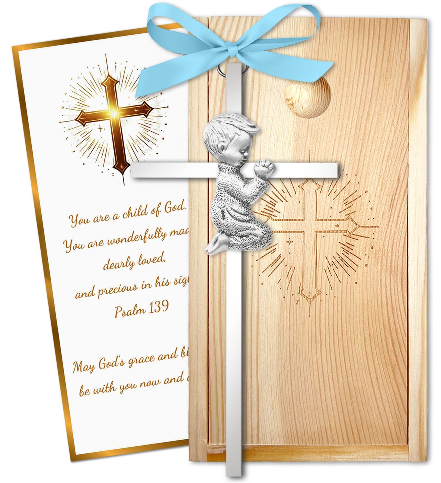 Meliatomia praying cross 6in boy detail showcases durable baptism keepsake