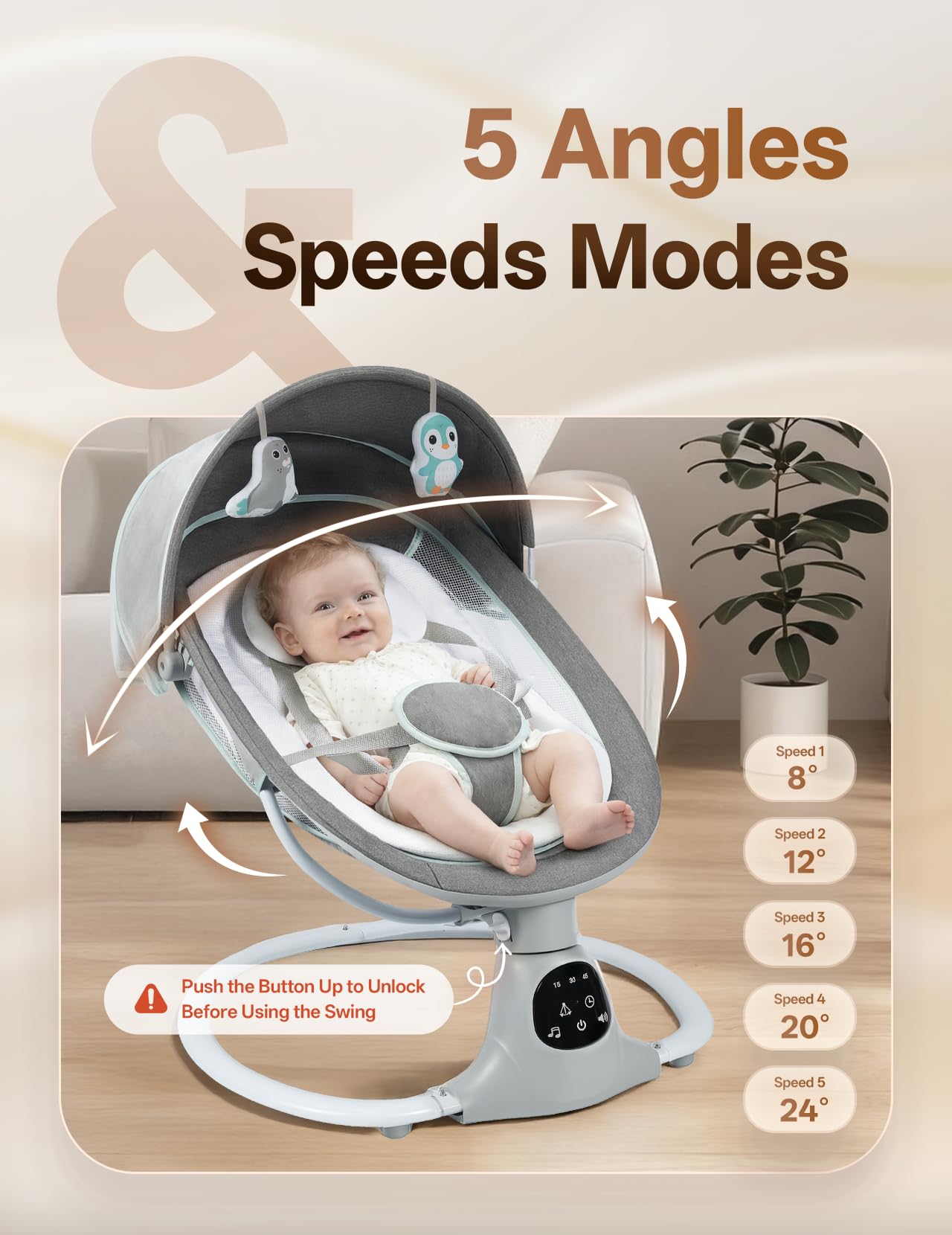 MelloBubbz swing with 5-point harness ensures secure seating