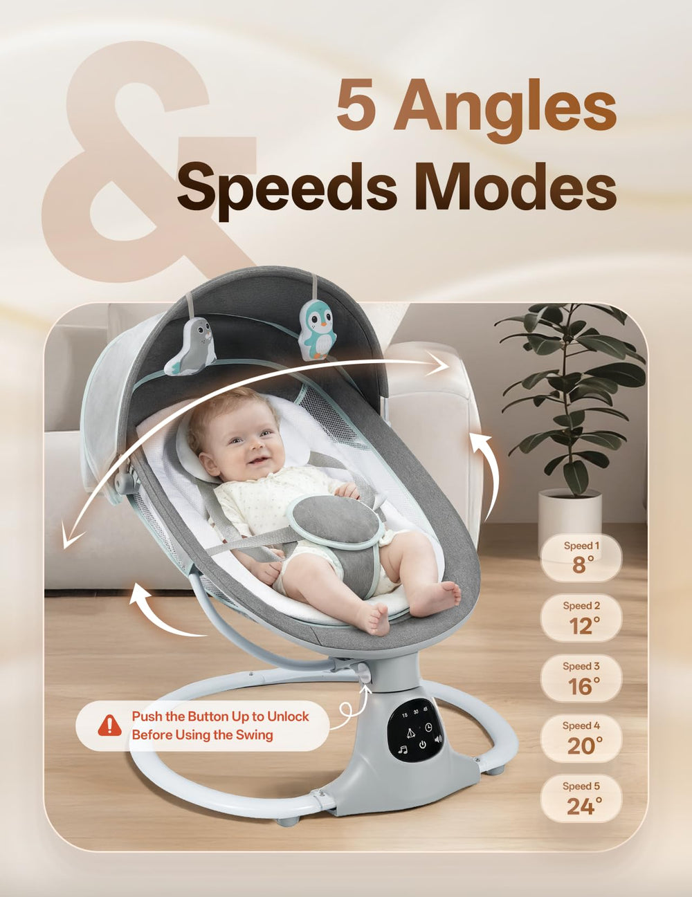 MelloBubbz swing with 5-point harness ensures secure seating