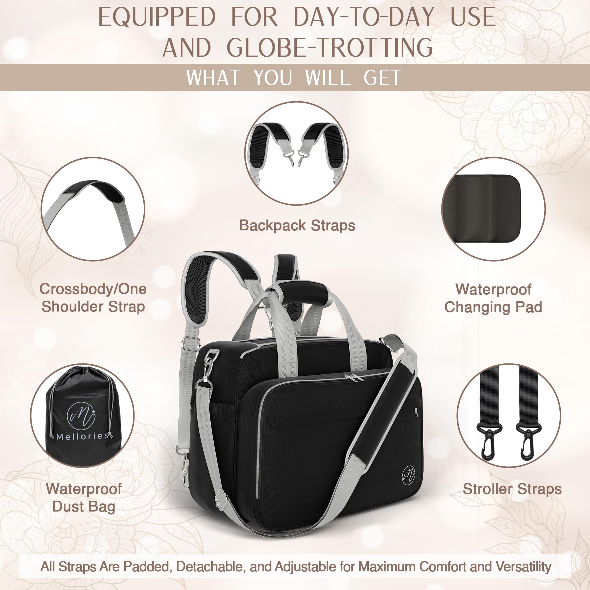 Padded back straps on Mellories bag for comfortable carry