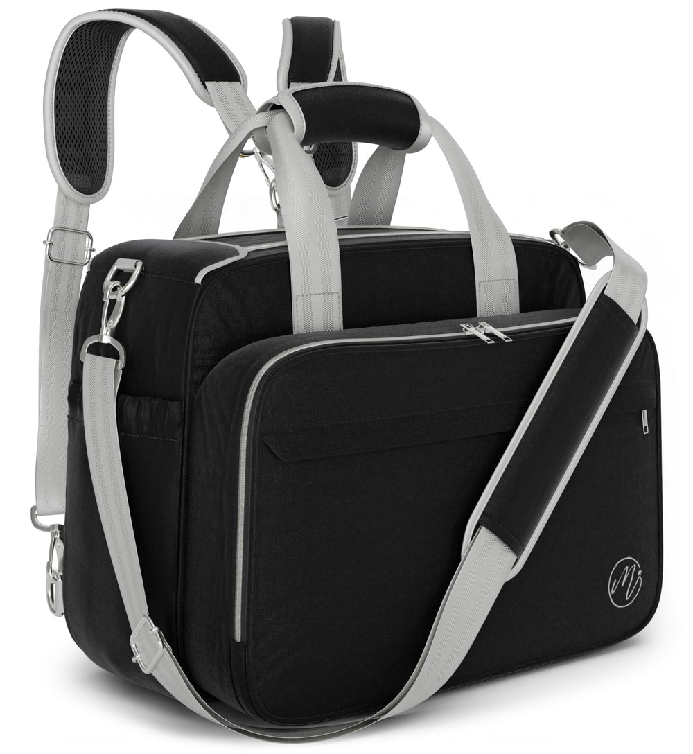 Mellories 4-in-1 black diaper bag tote front view showing versatility