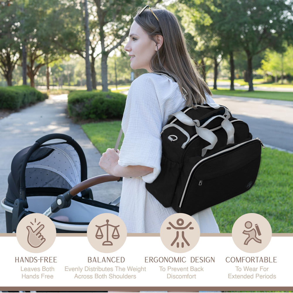 Gift-ready Mellories diaper bag in black with dust bag