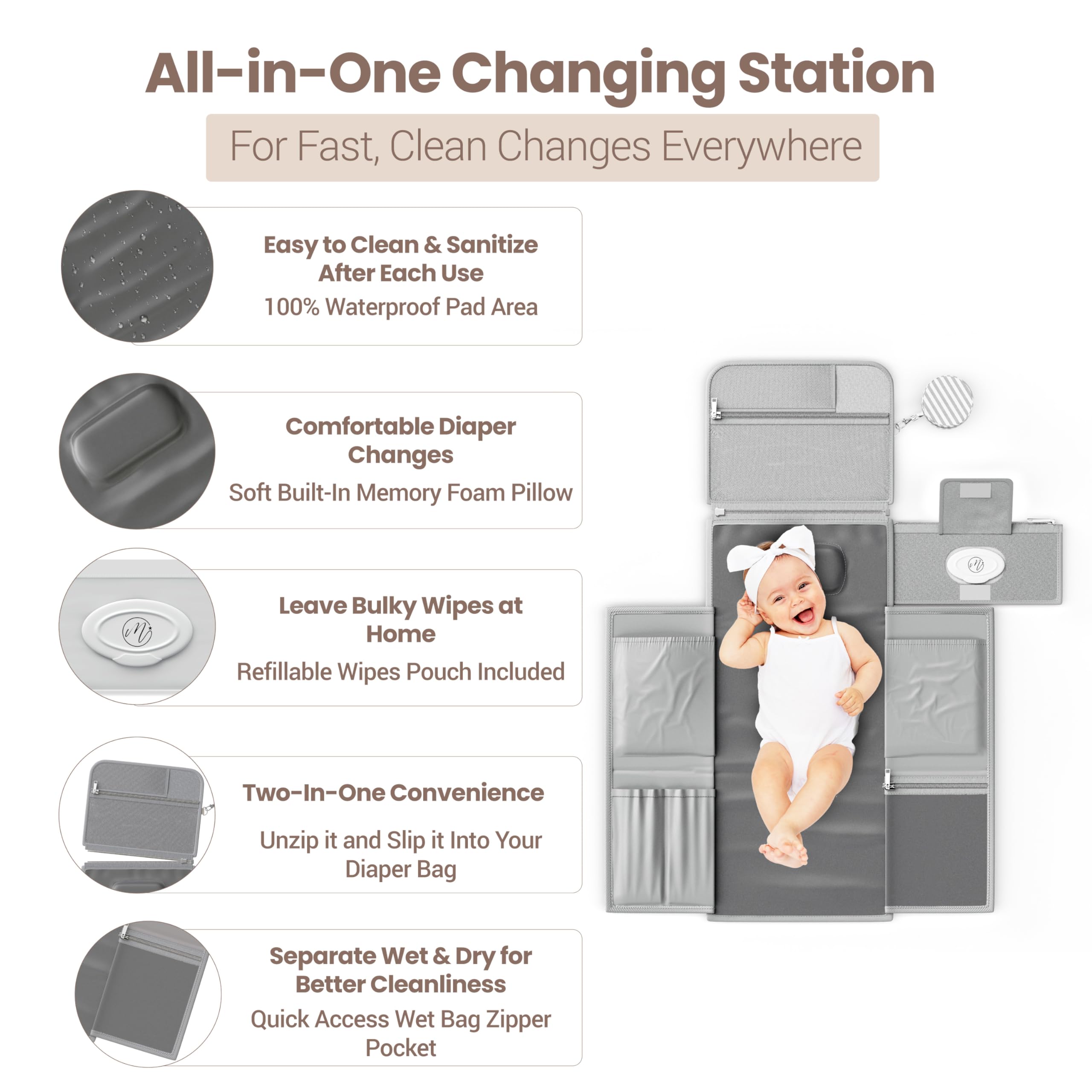 Mellories built-in memory foam pillow adds gentle cushioning during baby changes.