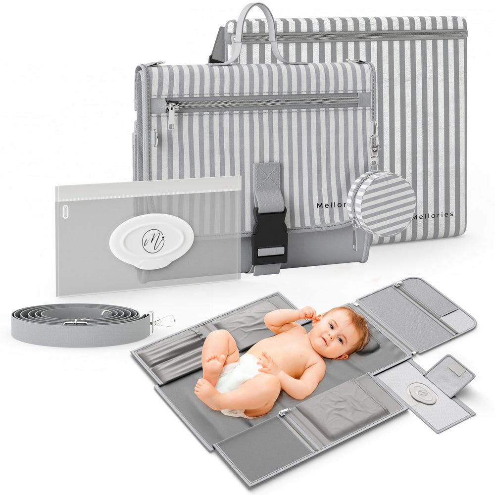 Mellories portable changing pad in gray stripe, large surface for comfortable diaper changes.