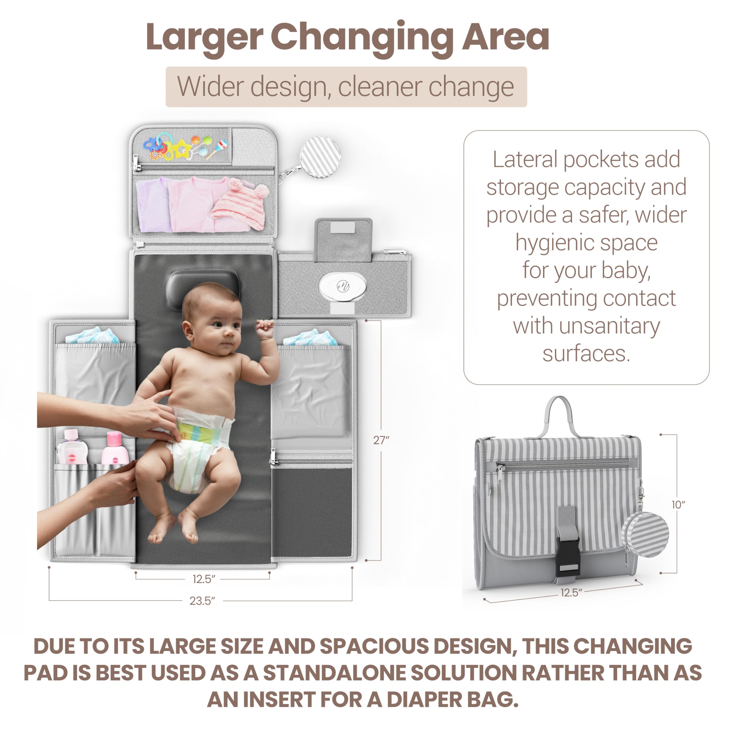 Mellories side pockets and wider surface for roomy, cleaner diaper changes.