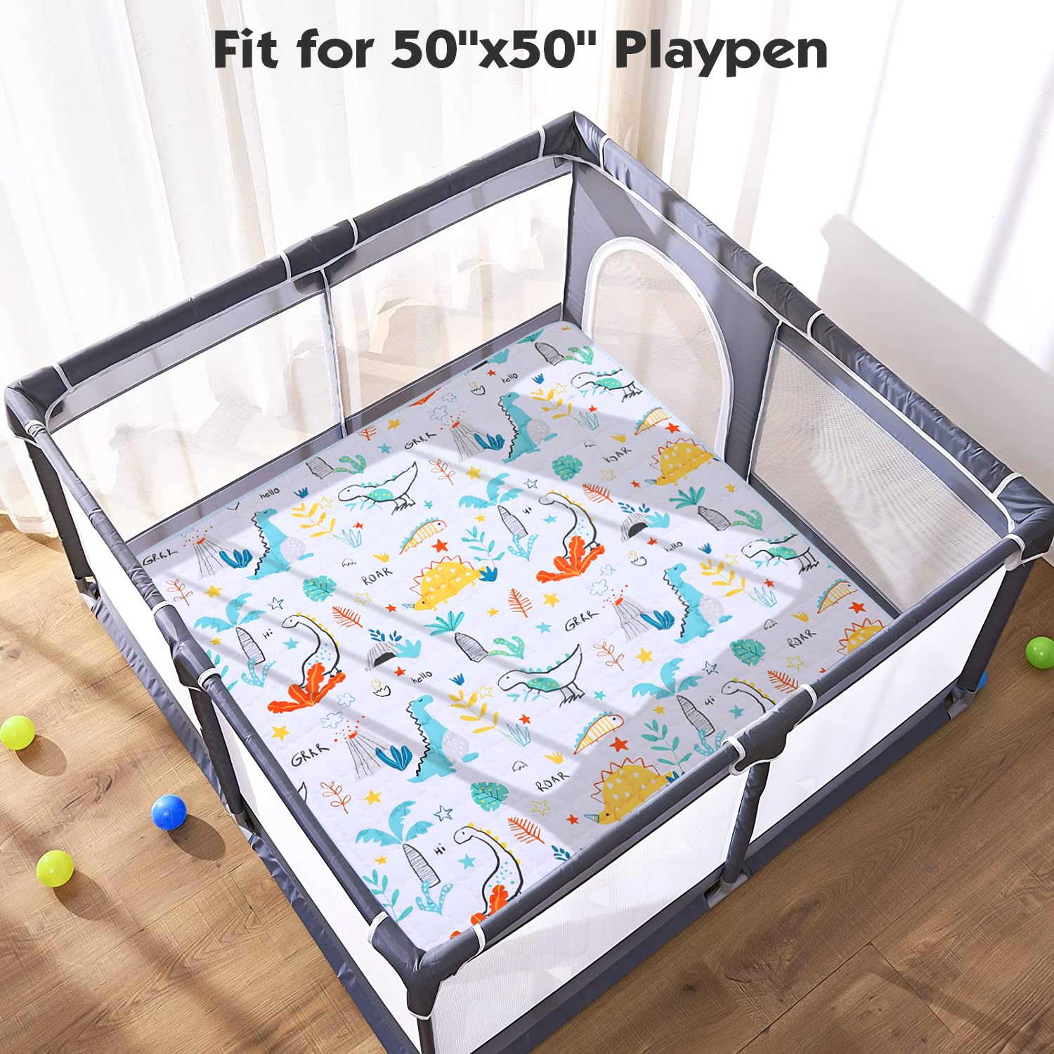 MEM Playpen Mat dinosaur pattern supports imaginative exploration.