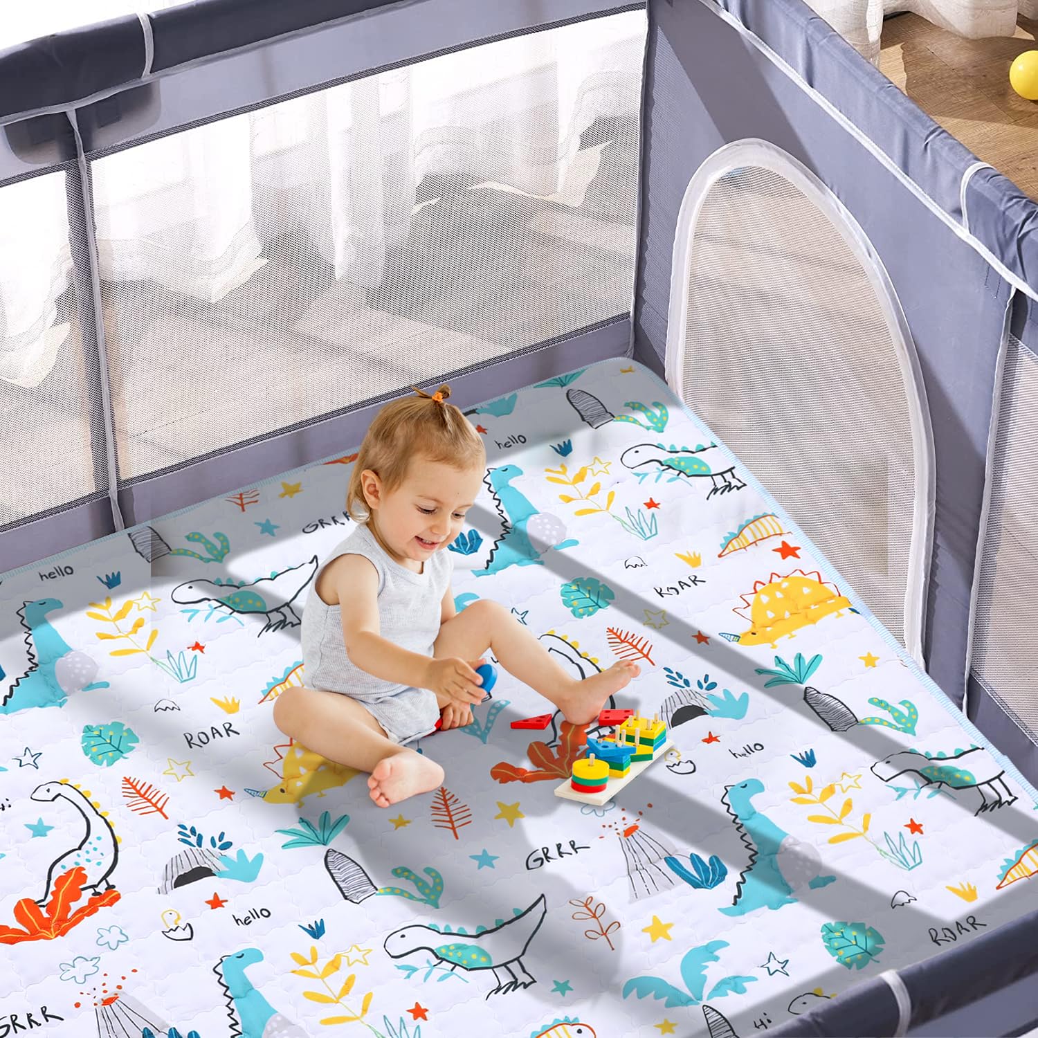 MEM Playpen Mat non-slip bottom keeps the mat steady.