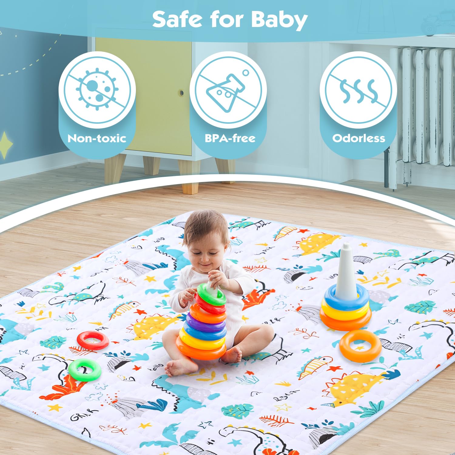 MEM Playpen Mat washable fabric ensures quick, easy cleanup.