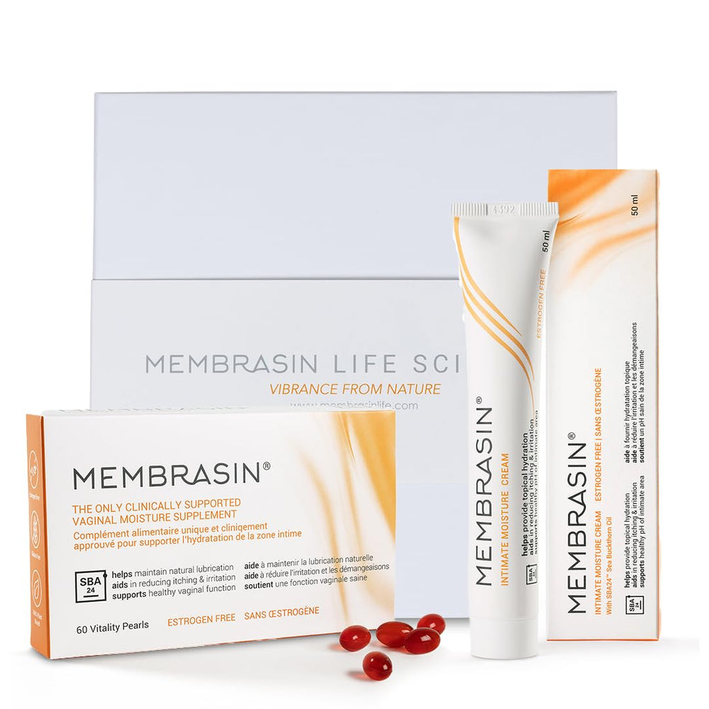 Membrasin Vitality Pearls bottle shows the omega blend for daily hydration support.