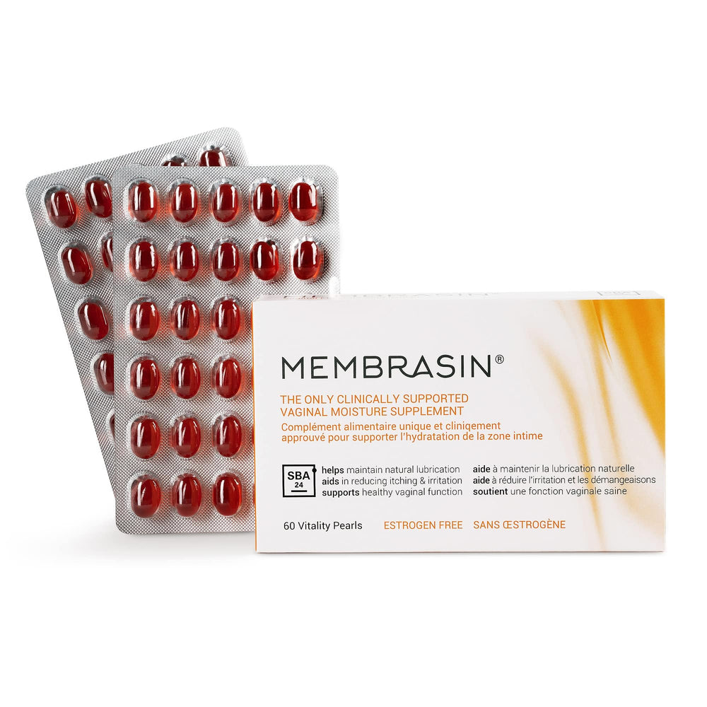 Membrasin Vitality Pearls bottle shown for daily menopause hydration