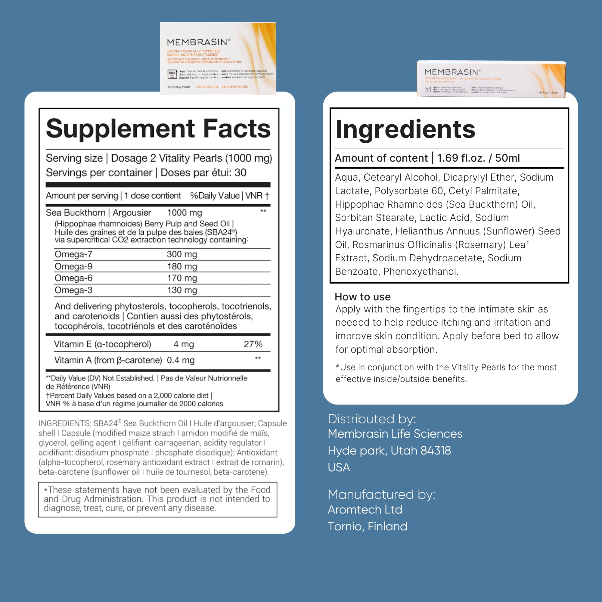 Product label of Membrasin Vitality Pearls emphasizing estrogen-free formula.