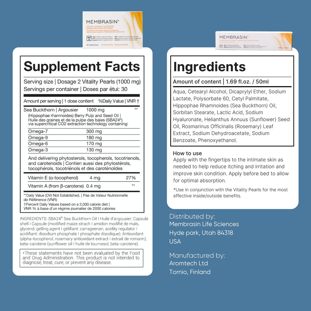 Product label of Membrasin Vitality Pearls emphasizing estrogen-free formula.