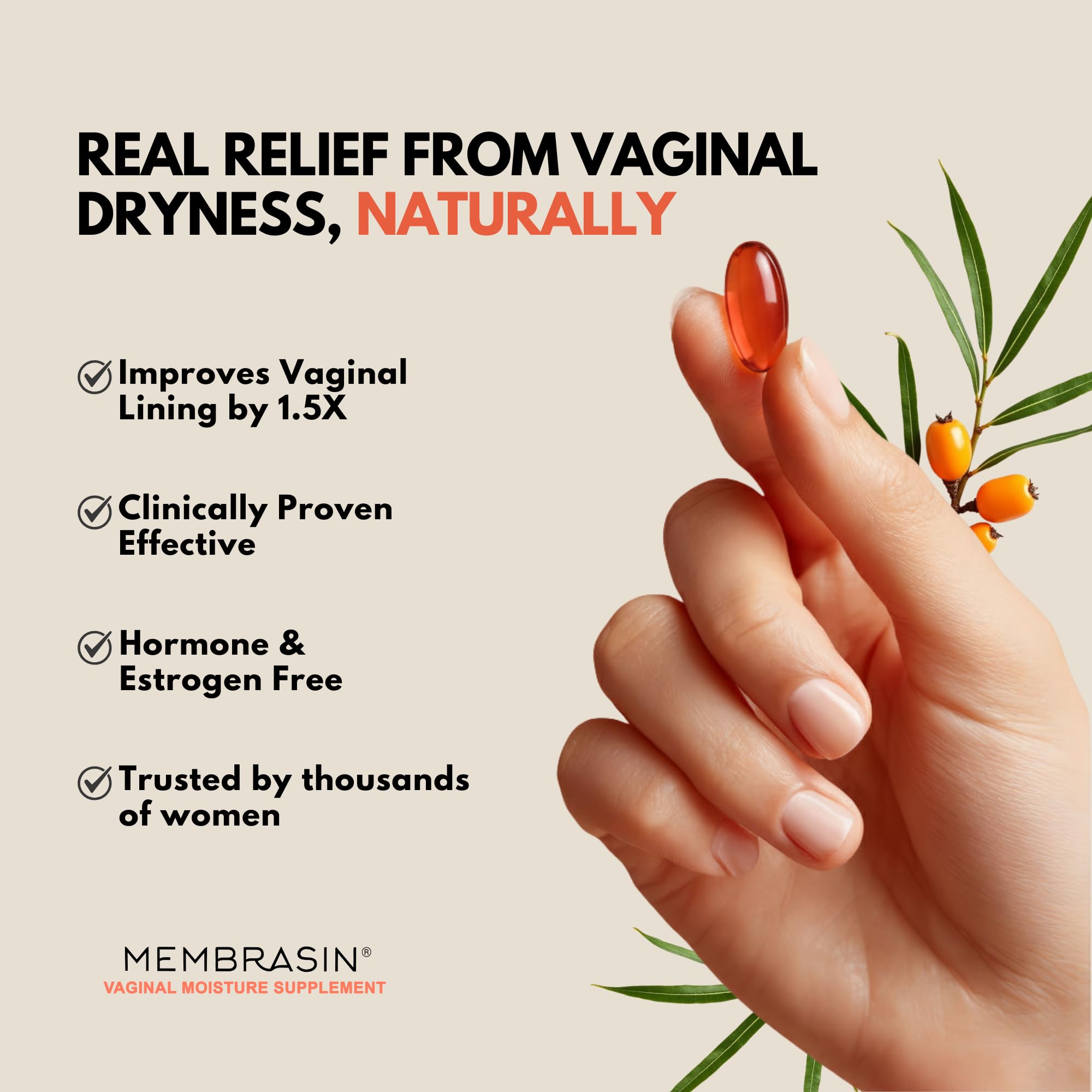 Close-up of Membrasin Vitality Pearls pills highlighting easy-swallow texture