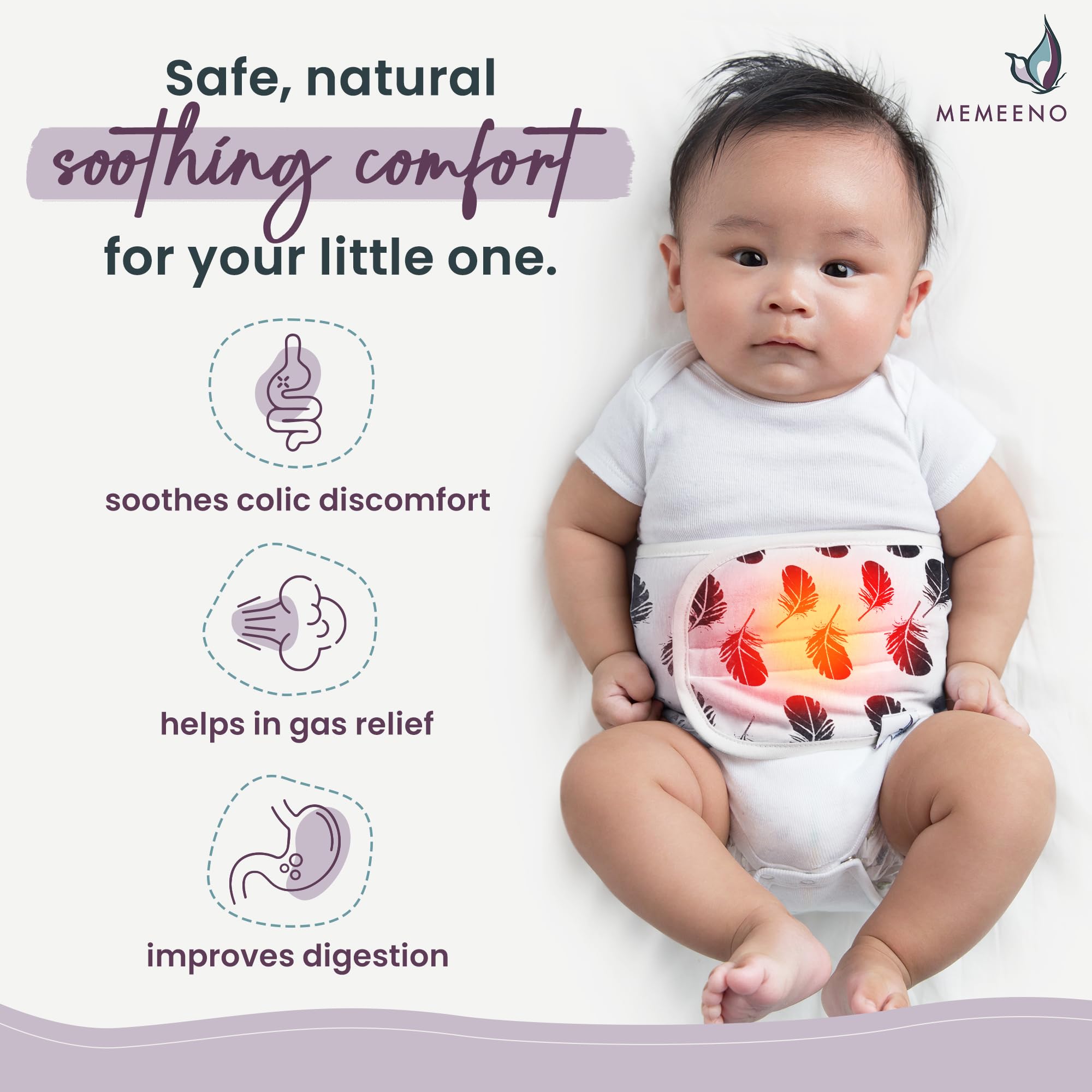 MEMEENO wrapped baby tummy soothing support for gas relief.