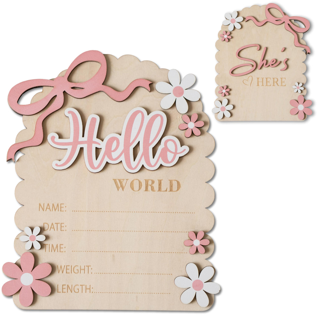 MEMOLEBIA Hello World baby announcement sign front view, ideal for newborn portraits.