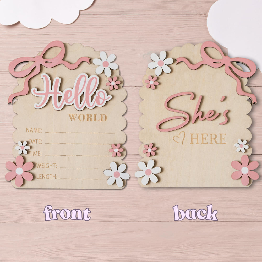 MEMOLEBIA She's Here back view sign, versatile for hospital or home display.