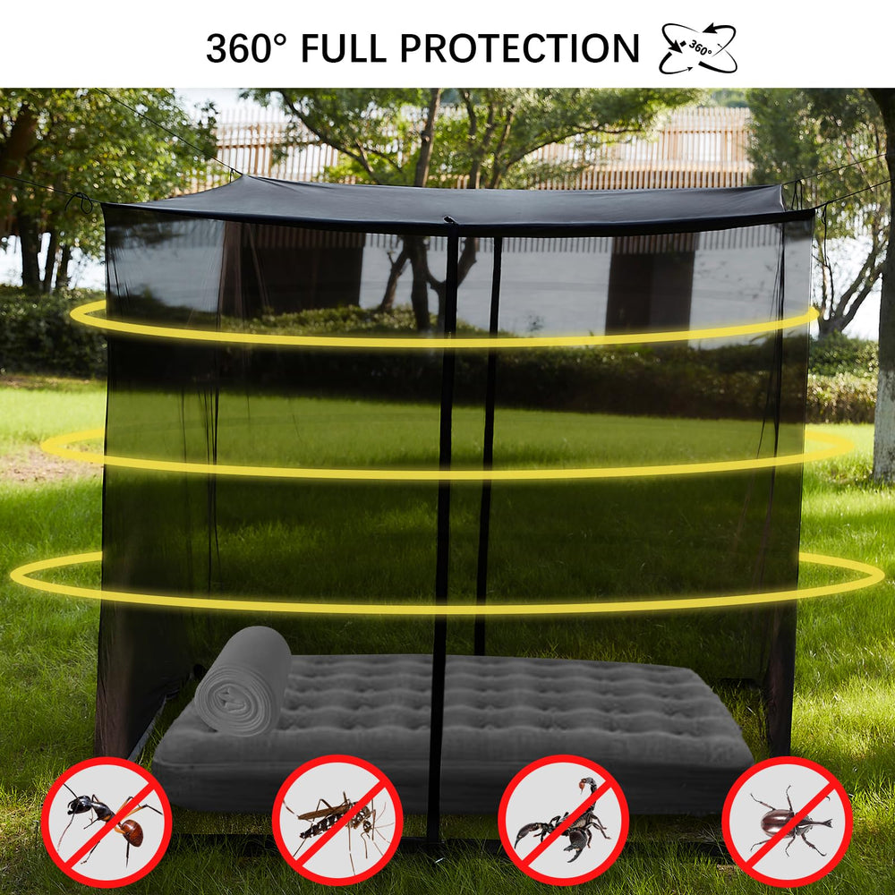Mengersi mosquito net on a porch for insect protection while relaxing outdoors.