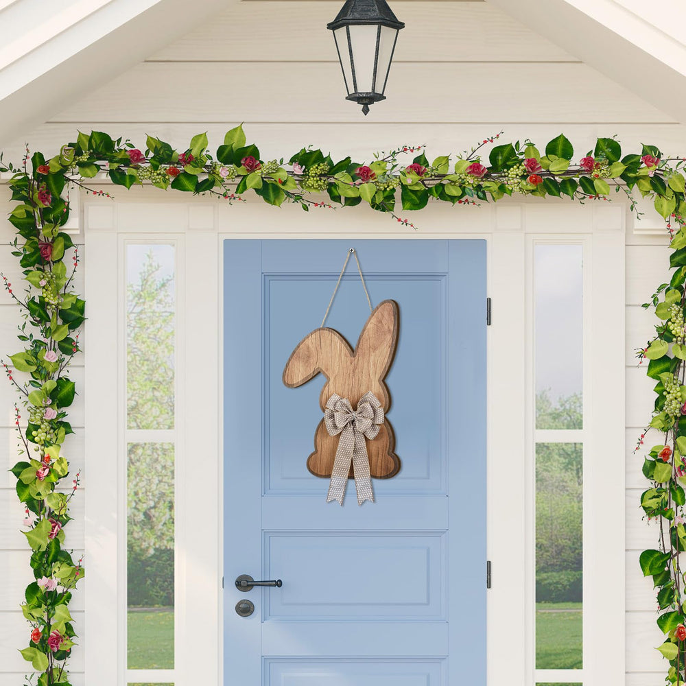 Hanging on a door to enhance spring curb appeal.