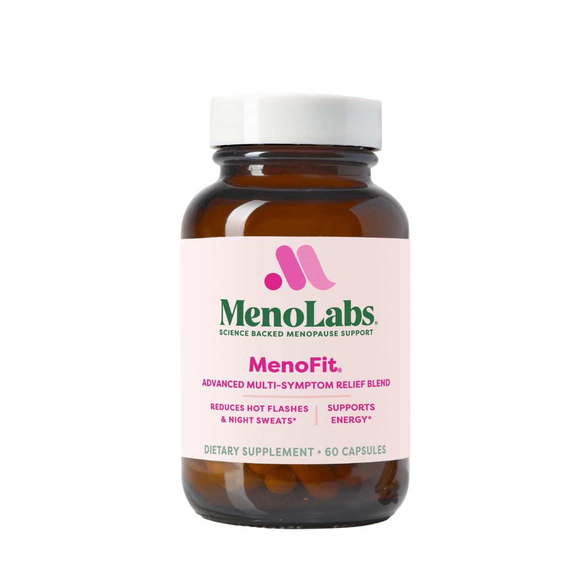 MENOLABS MenoFit bottle front showing a compact 60-cap bottle for daily menopause support