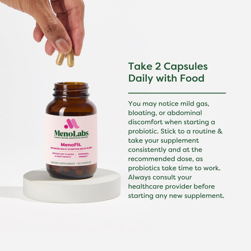 MENOLABS MenoFit probiotic-blend graphic illustrates gut health support options