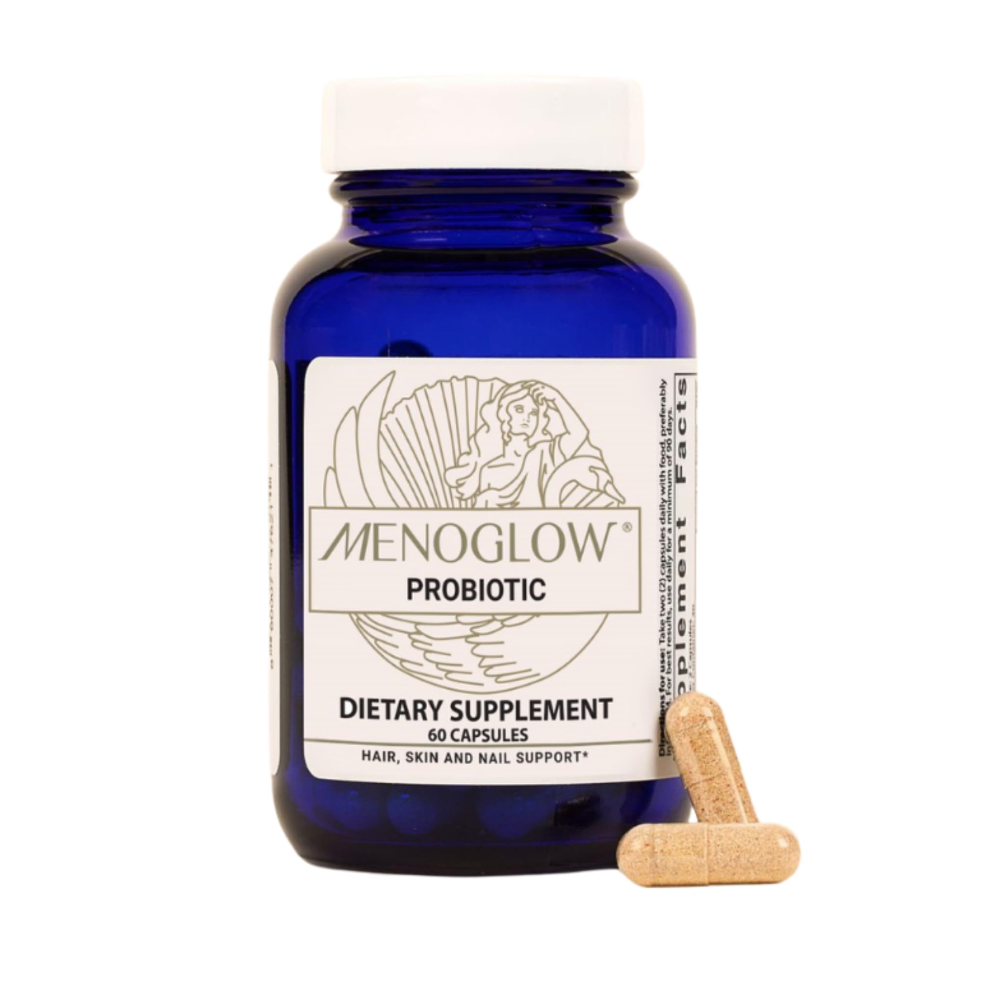 MENOLABS MenoGlow bottle front for menopause support and gut health benefits
