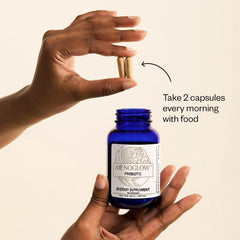 MENOLABS MenoGlow capsules in bottle suggest daily use for skin, hair, and nails support