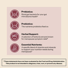 MenoGlow probiotic blend close-up emphasizes gut health support