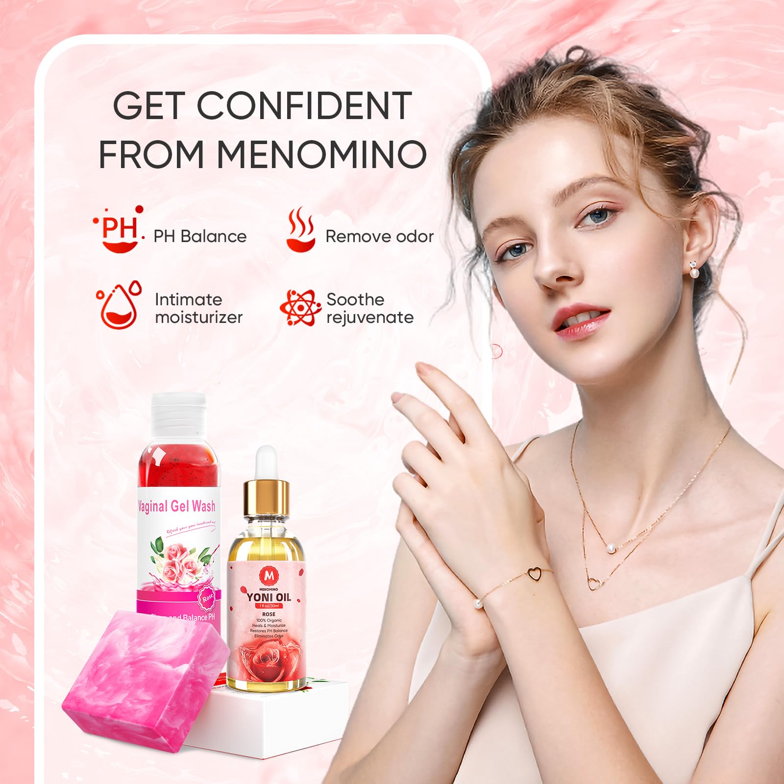 MENOMINO care-set unboxed to show complete intimate care routine.