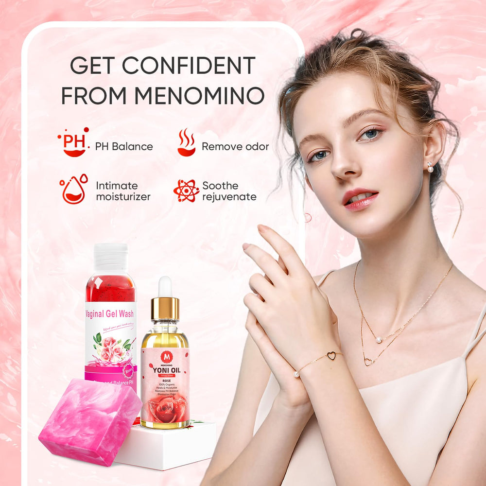 MENOMINO care-set unboxed to show complete intimate care routine.