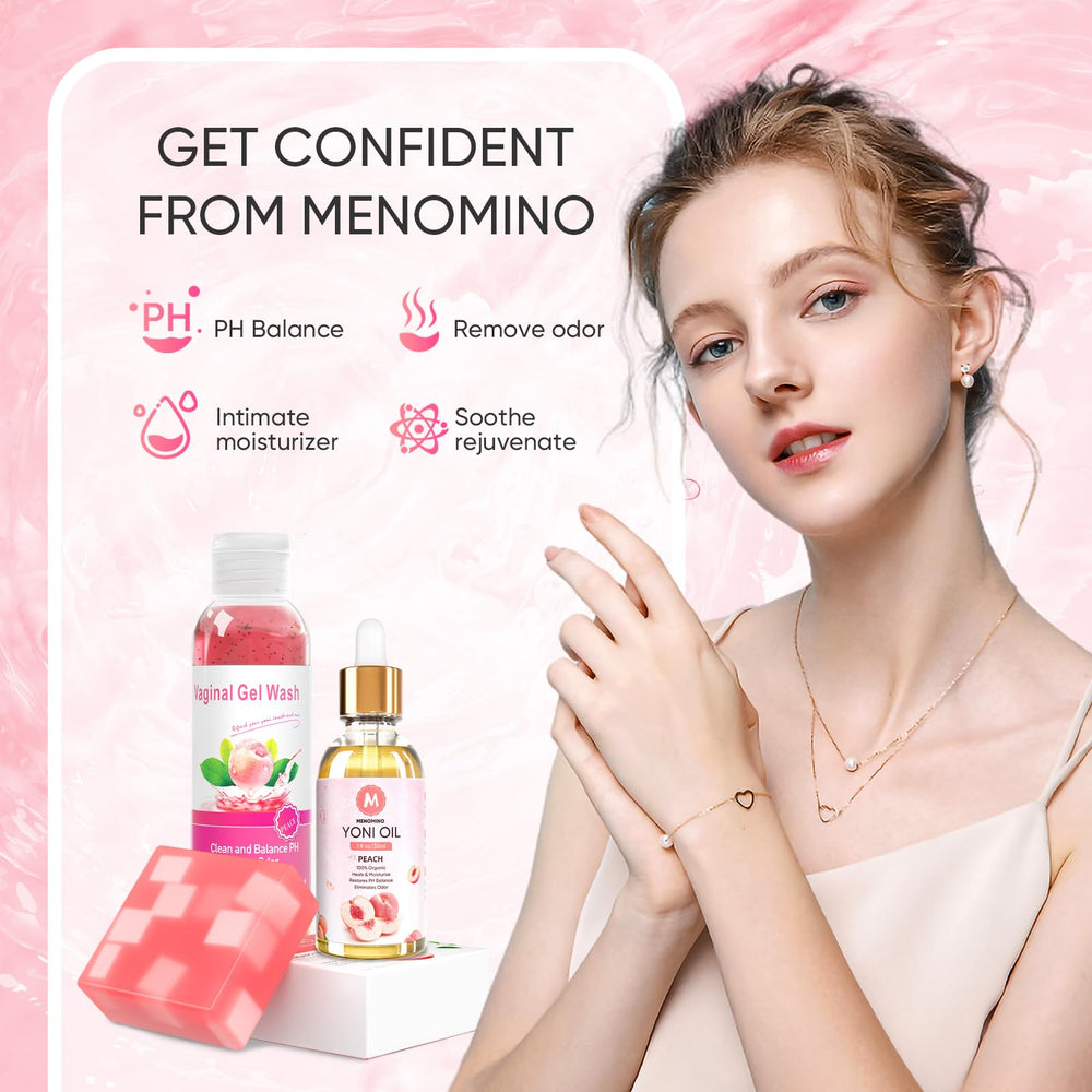 MENOMINO feminine wash packaging image conveys clean, dye-free skincare.