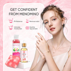 MENOMINO feminine wash packaging image conveys clean, dye-free skincare.