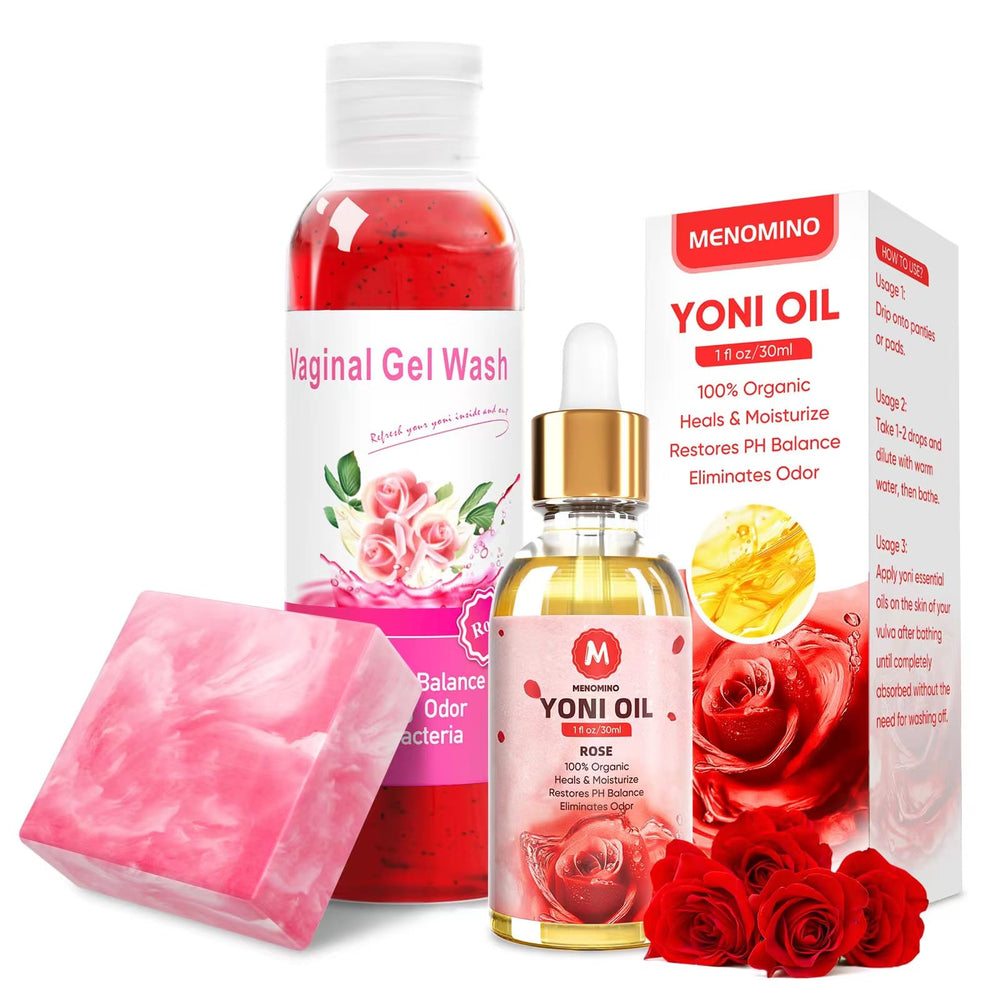 MENOMINO feminine wash rose bottle shows pH-balanced cleansing for daily intimate care.