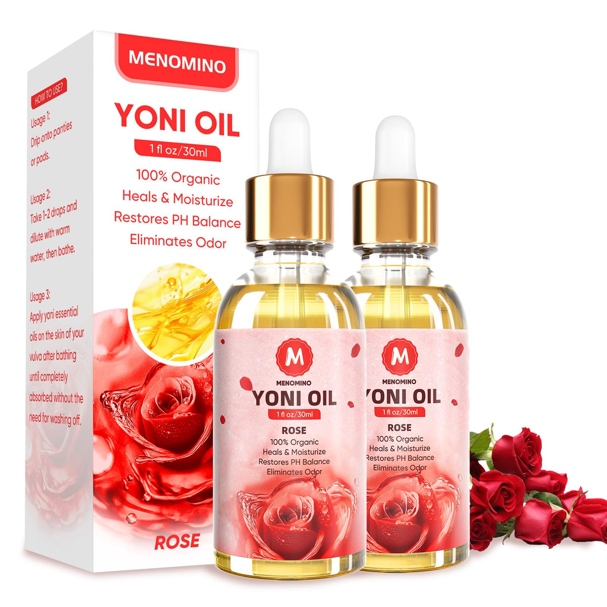 MENOMINO Yoni Oil Rose bottle for smooth, daily moisture.