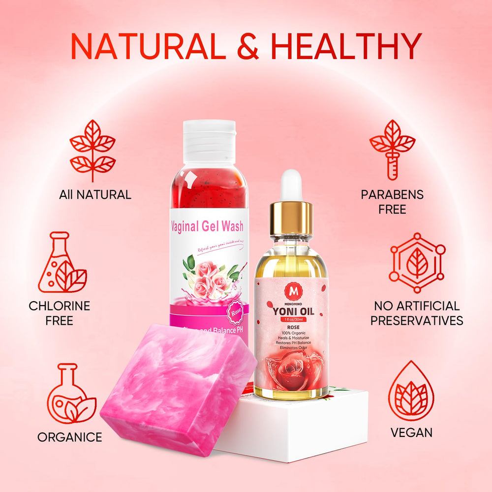 MENOMINO yoni oil rose bottle highlights antioxidant-rich moisture for soothing skin.