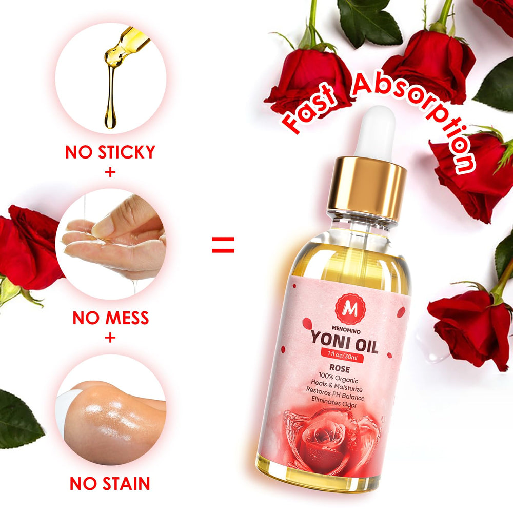 MENOMINO Yoni Oil Rose two-pack packaging for convenient routine.