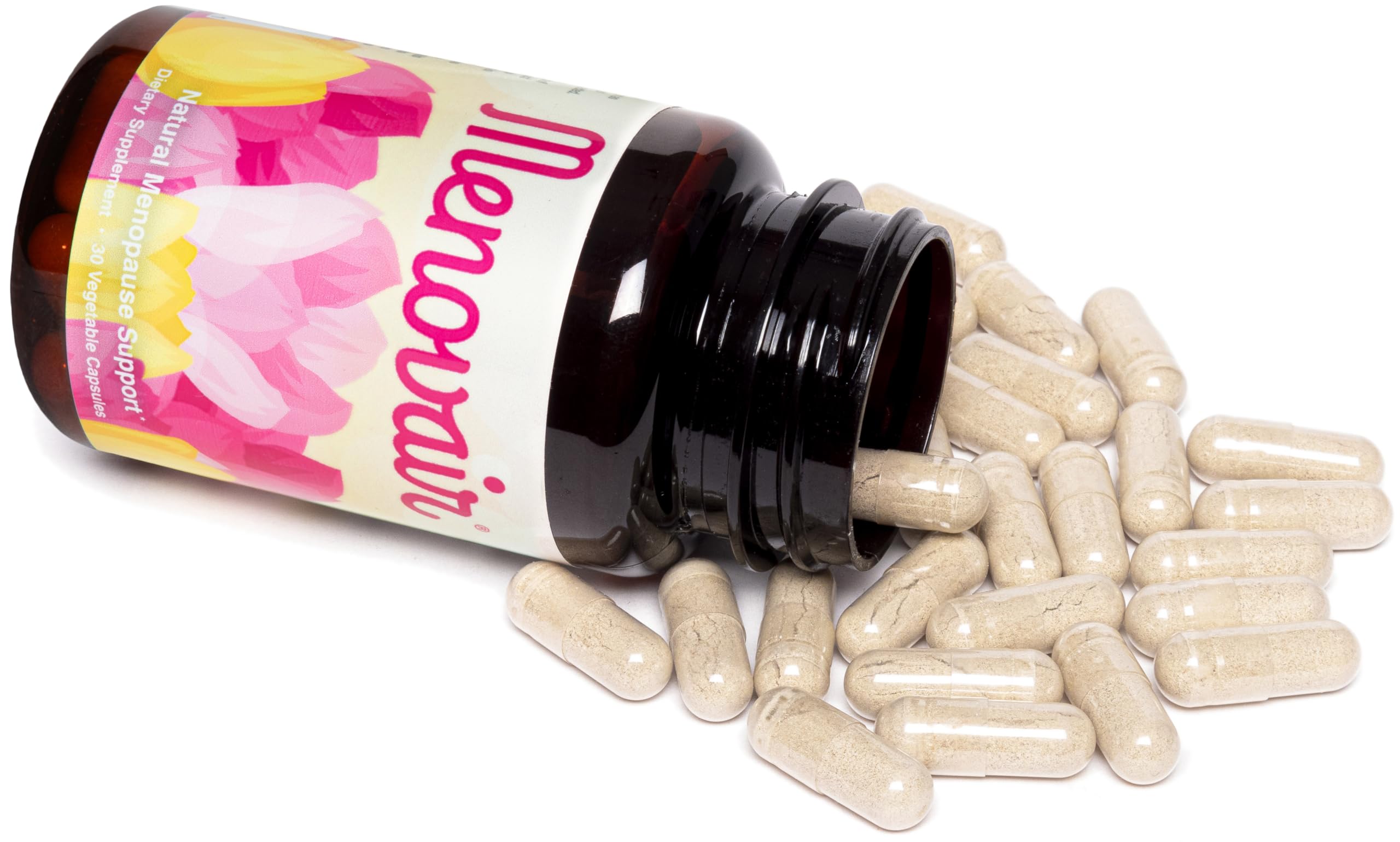 Menovair bottle with glass shows premium menopause supplement.