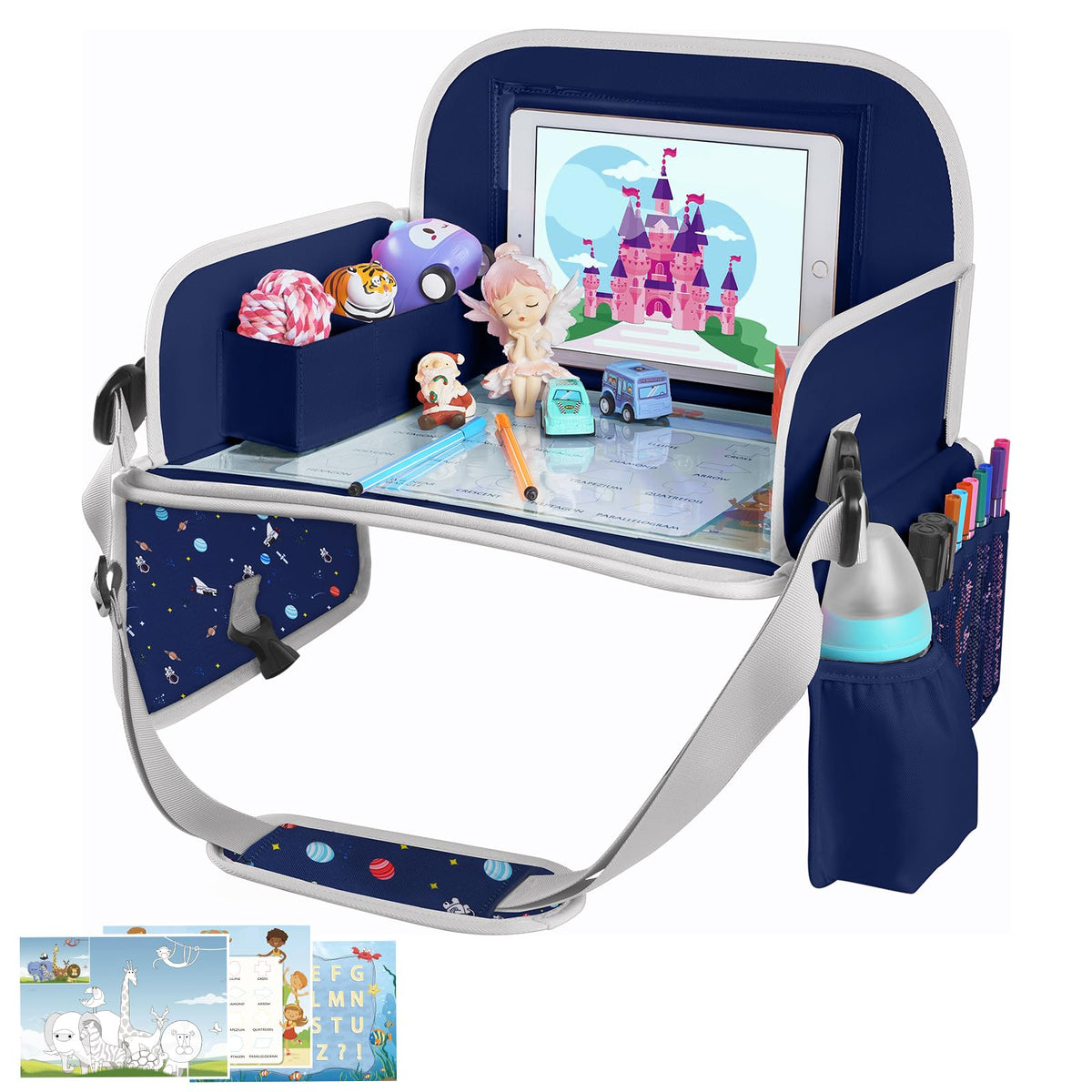 MENZOKE car seat tray with educational drawing board keeps kids engaged during trips