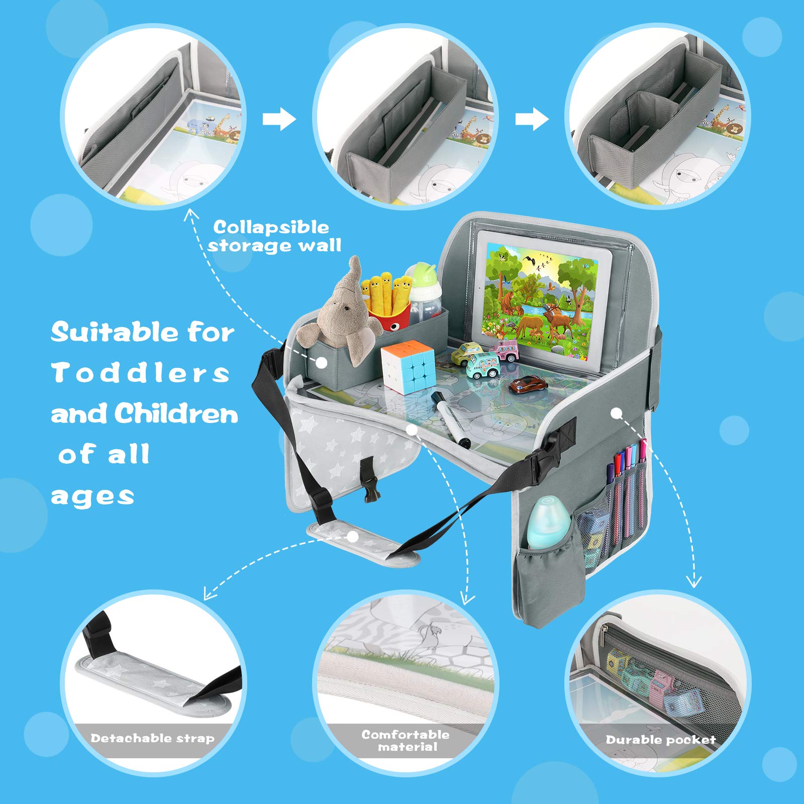 MENZOKE cup holder and pockets keep drinks and toys within reach.