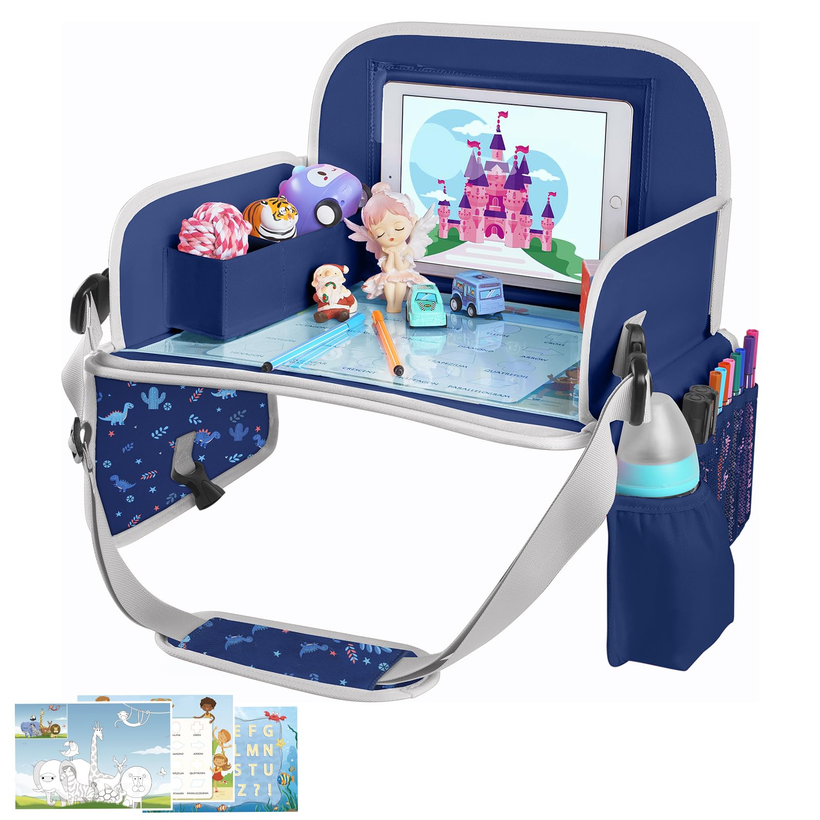 MENZOKE Kids Travel Tray on car seat setup for organized travel and entertaining activities.