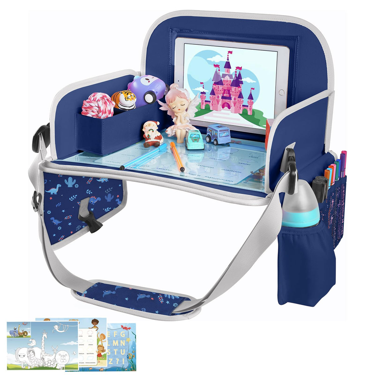 MENZOKE Kids Travel Tray on car seat setup for organized travel and entertaining activities.