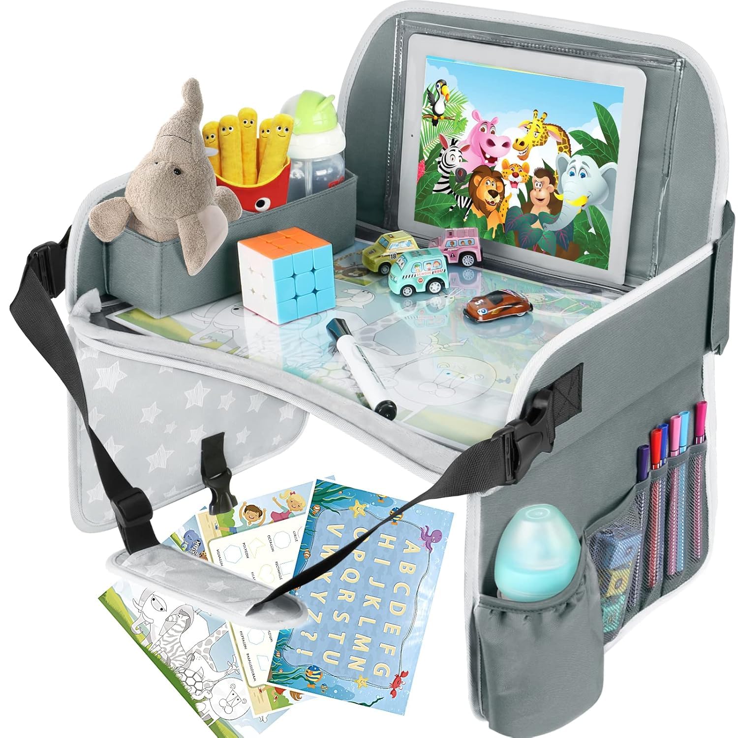 MENZOKE kids travel tray on car seat provides a stable surface for activities.