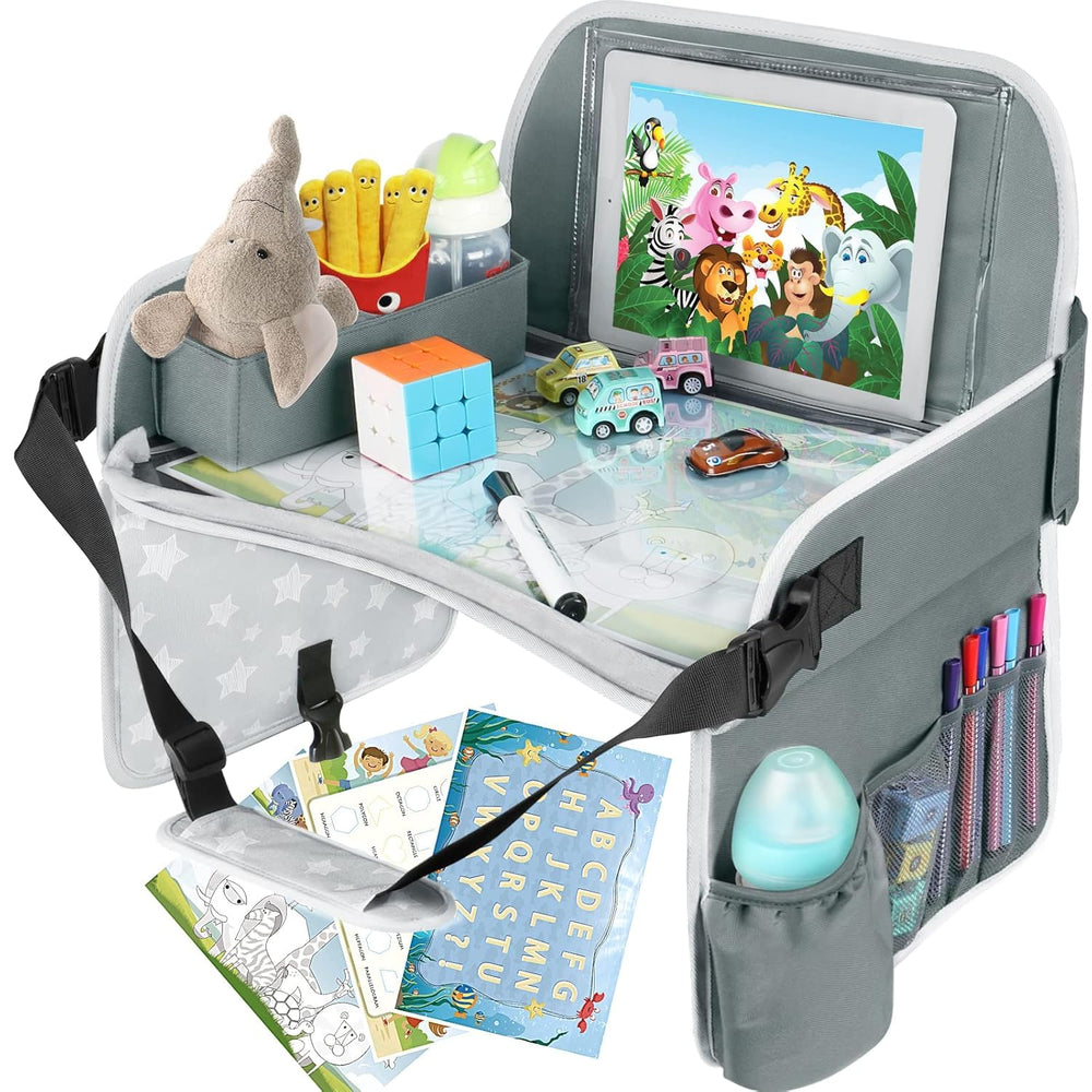 MENZOKE kids travel tray on car seat provides a stable surface for activities.
